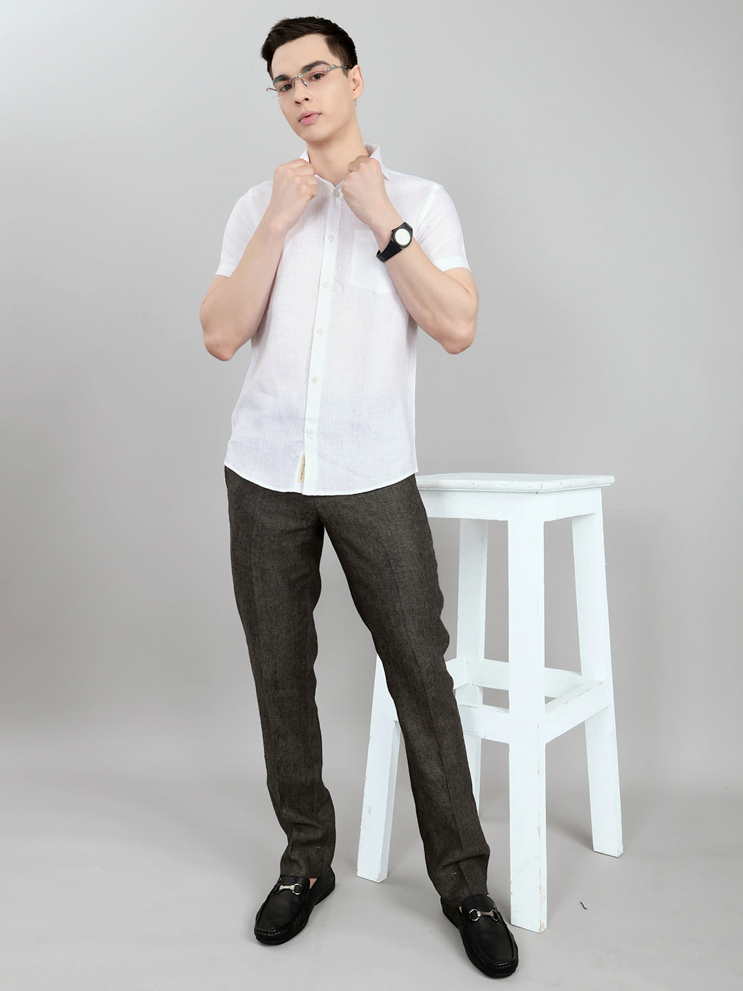 Men White Self Design Collar Half Sleeve Shirt