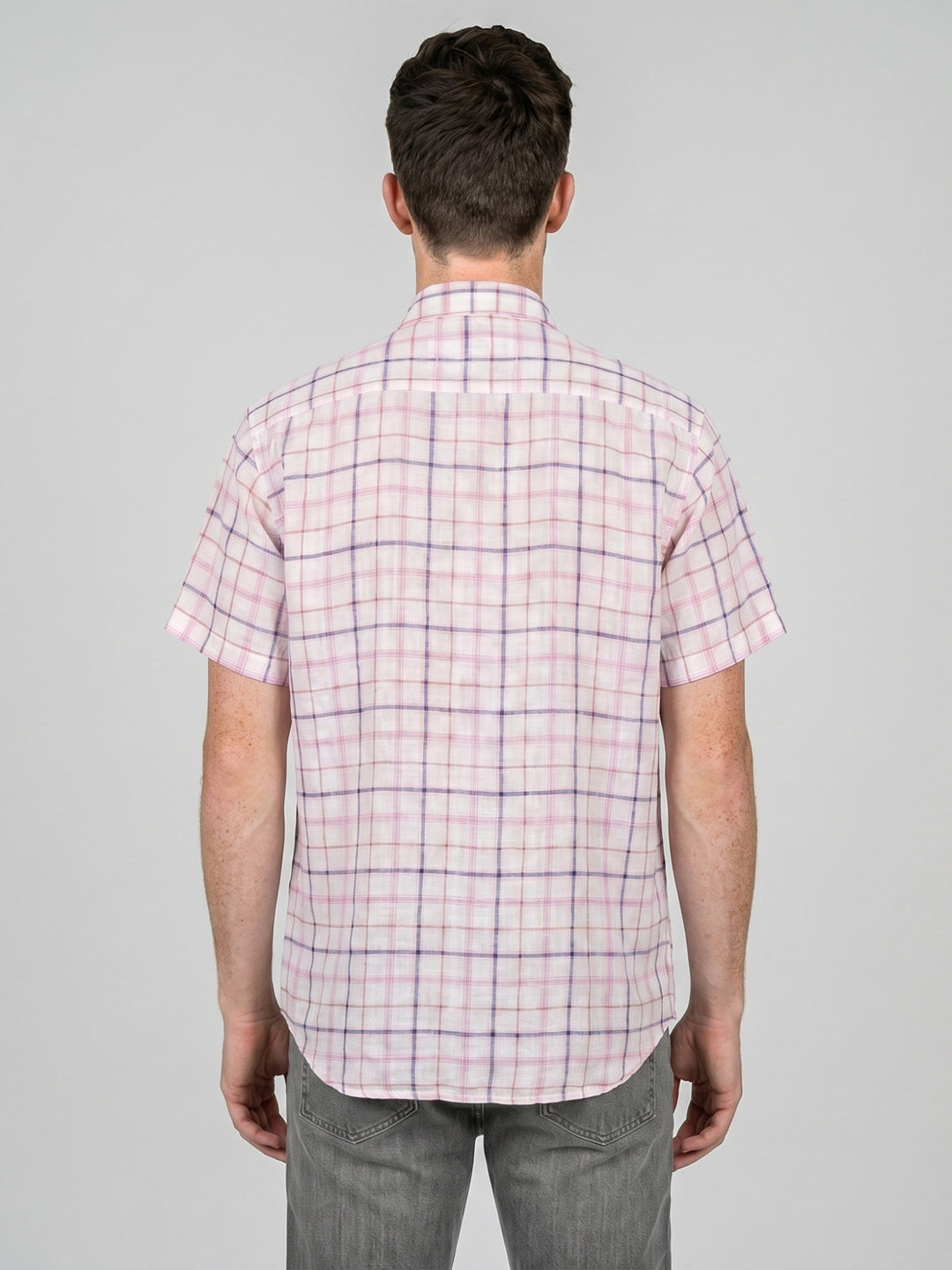 Men White Check Spread Collar Half Sleeve Shirt