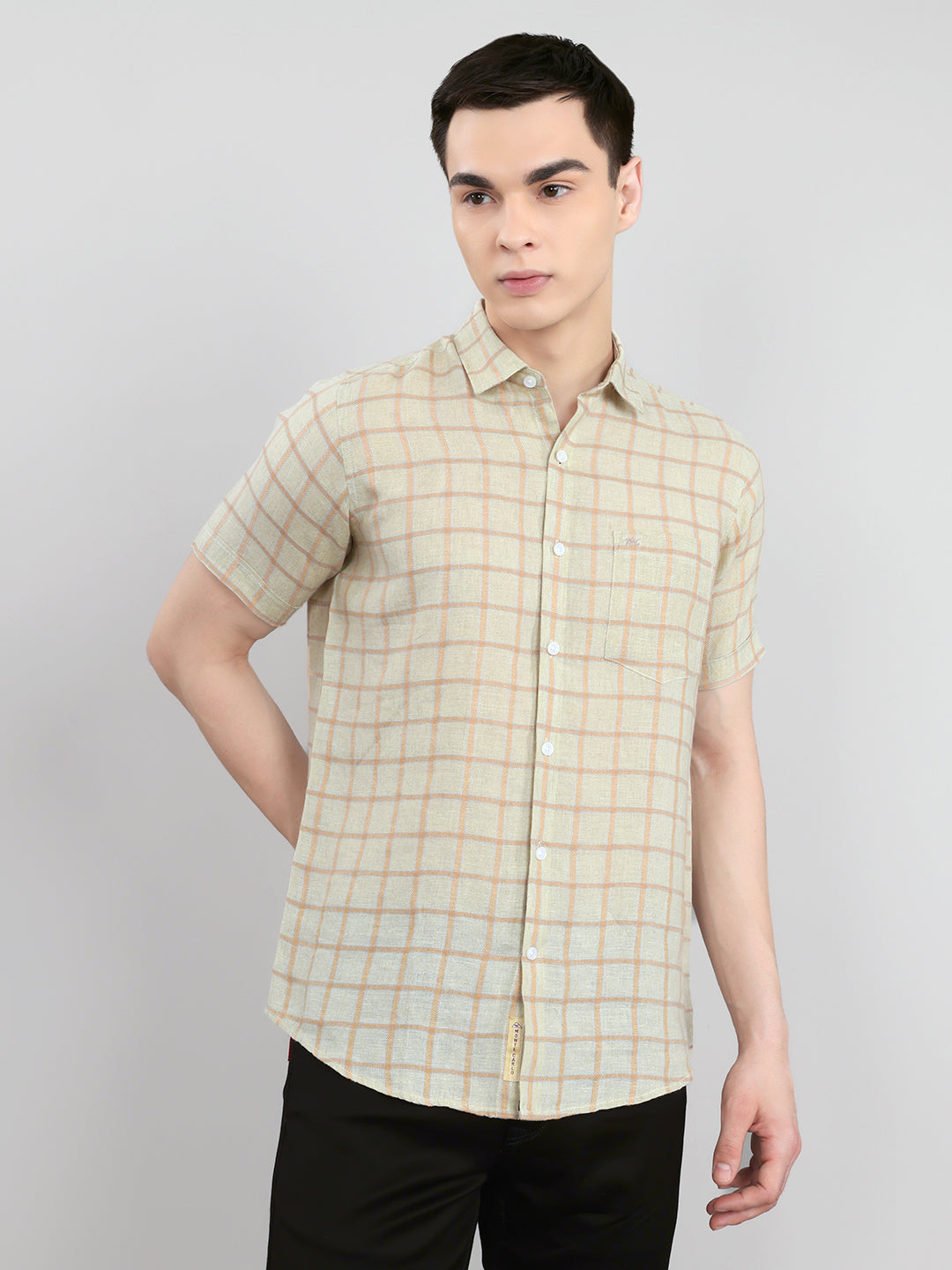 Men Beige Check Collar Half Sleeve Shirt