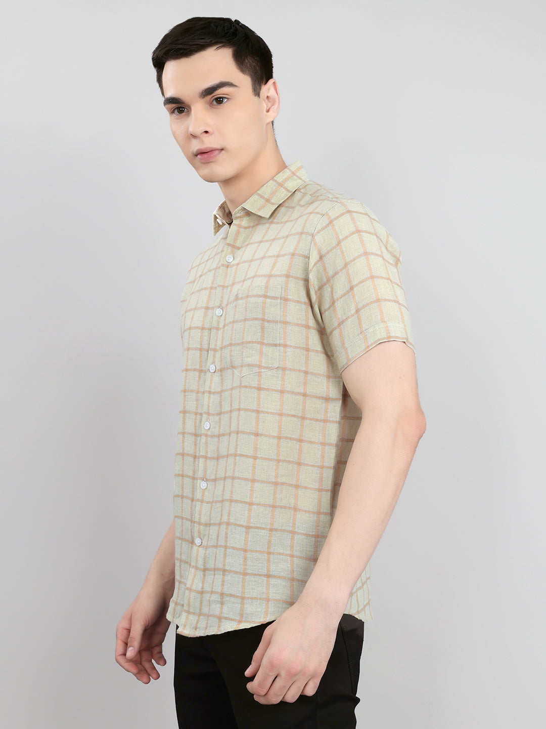 Men Beige Check Collar Half Sleeve Shirt