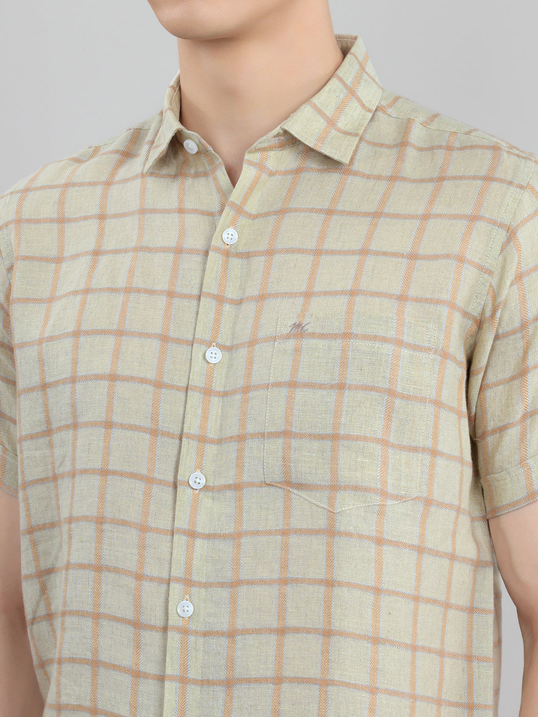 Men Beige Check Collar Half Sleeve Shirt