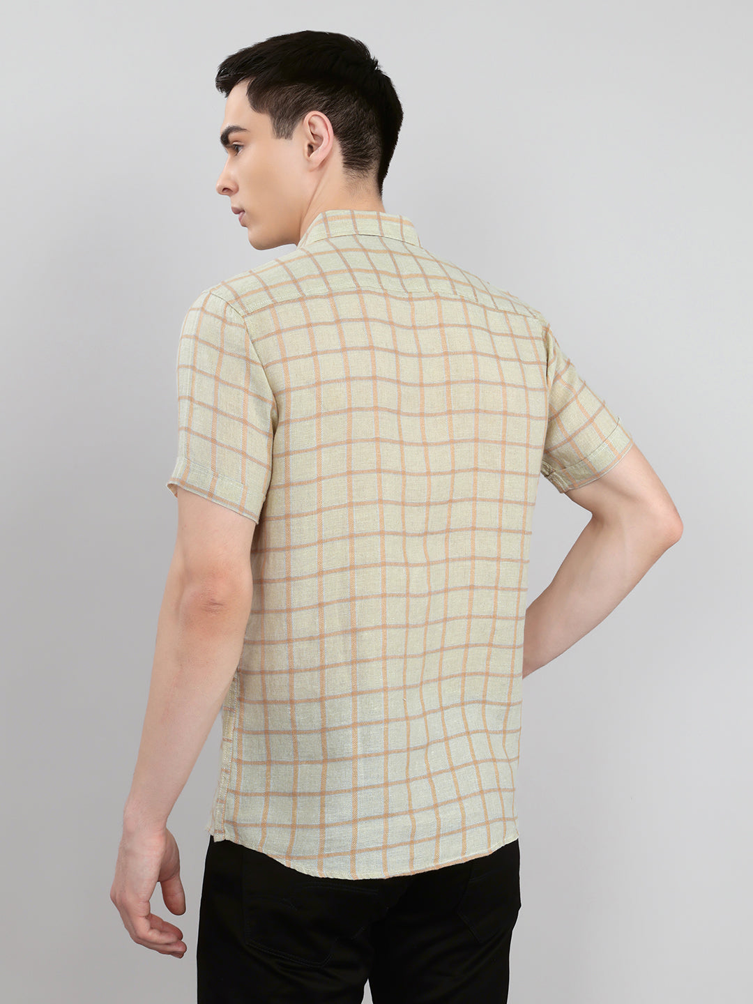 Men Beige Check Collar Half Sleeve Shirt