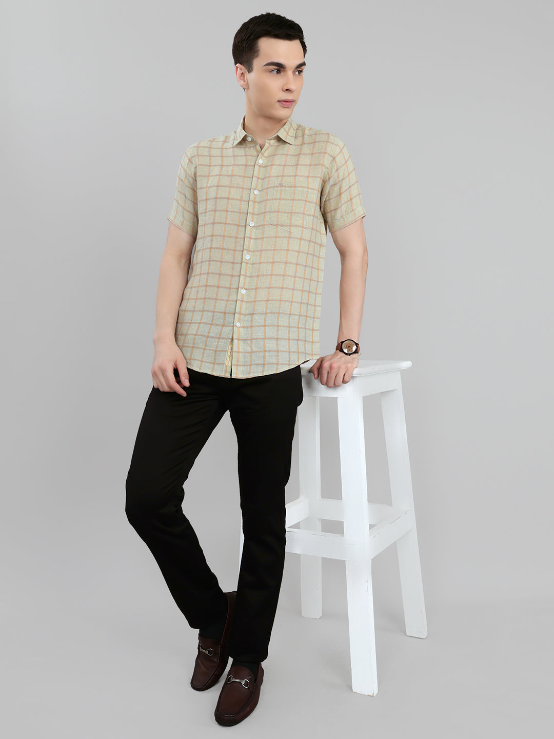 Men Beige Check Collar Half Sleeve Shirt
