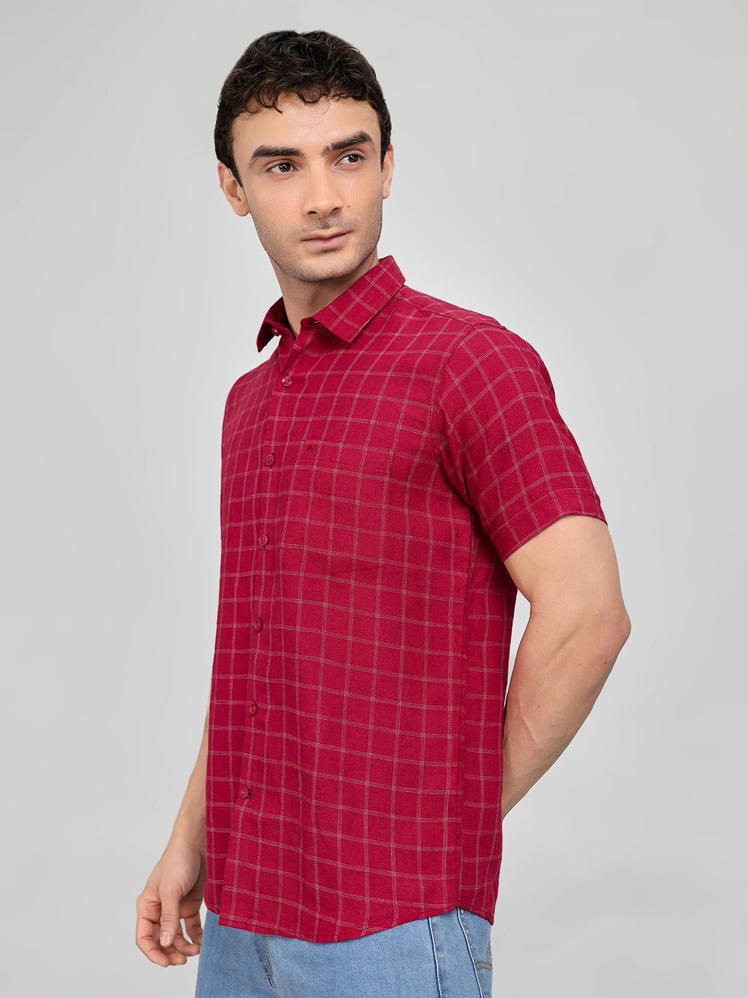 Men Maroon Check Collar Half Sleeve Shirt