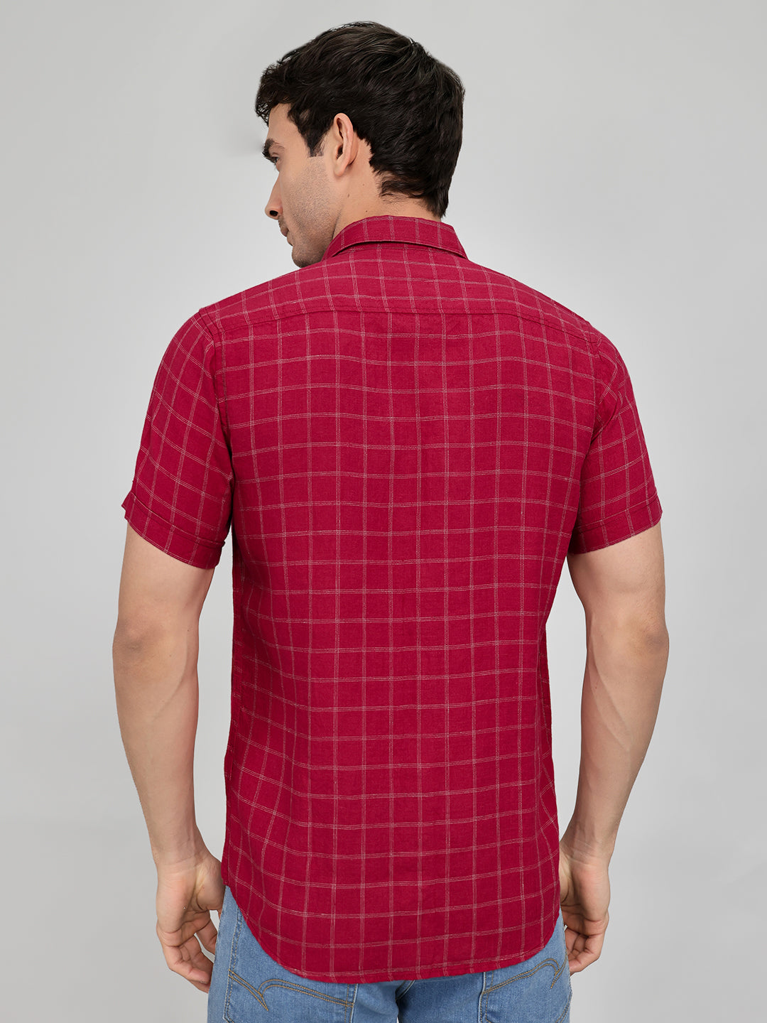 Men Maroon Check Collar Half Sleeve Shirt