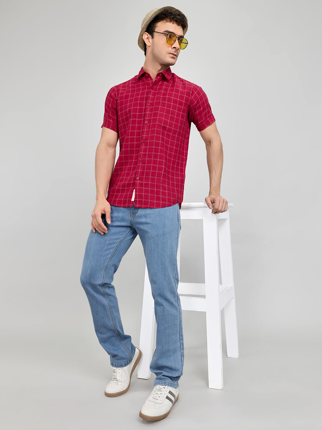 Men Maroon Check Collar Half Sleeve Shirt