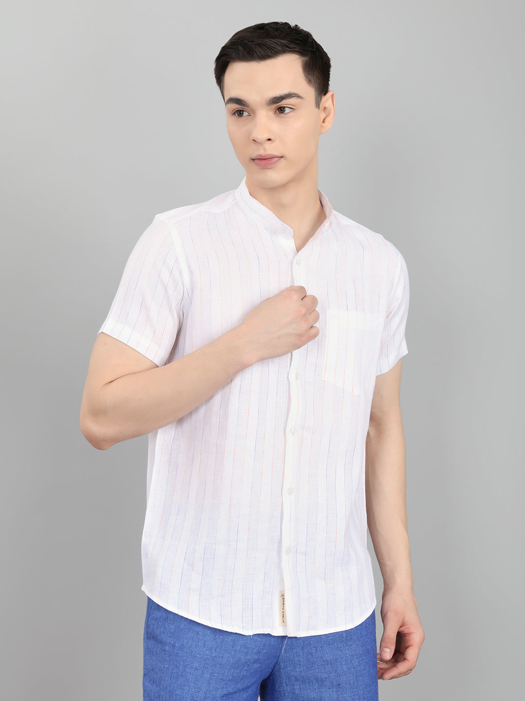 Men White Stripe Collar Half Sleeve Shirt