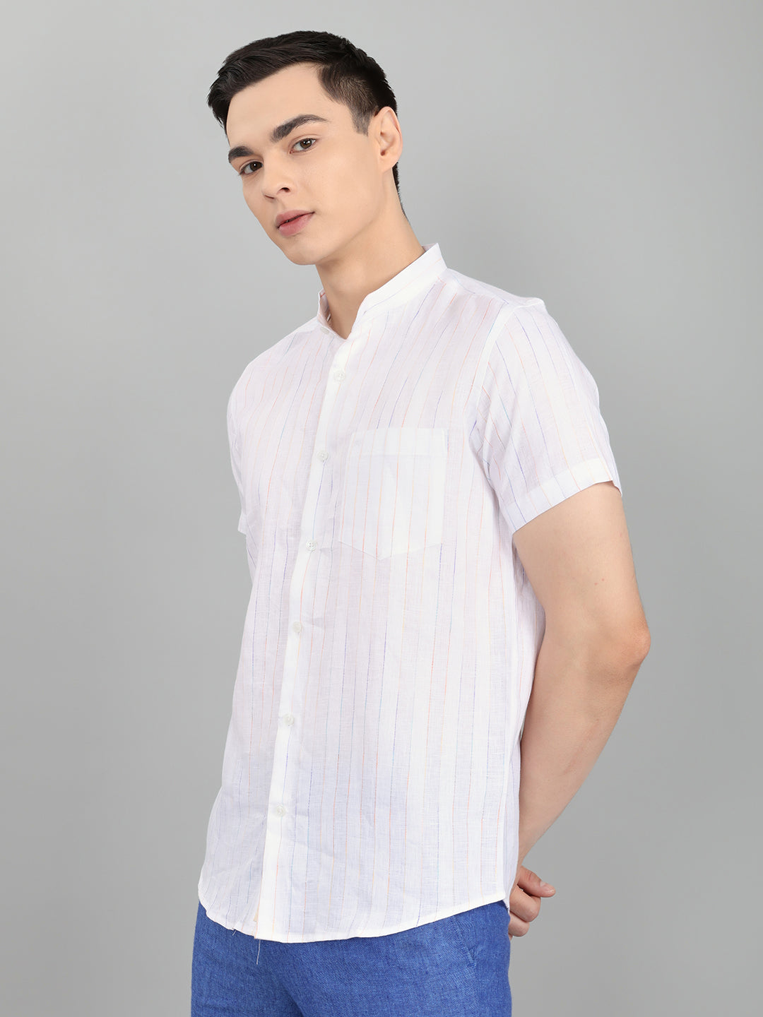 Men White Stripe Collar Half Sleeve Shirt
