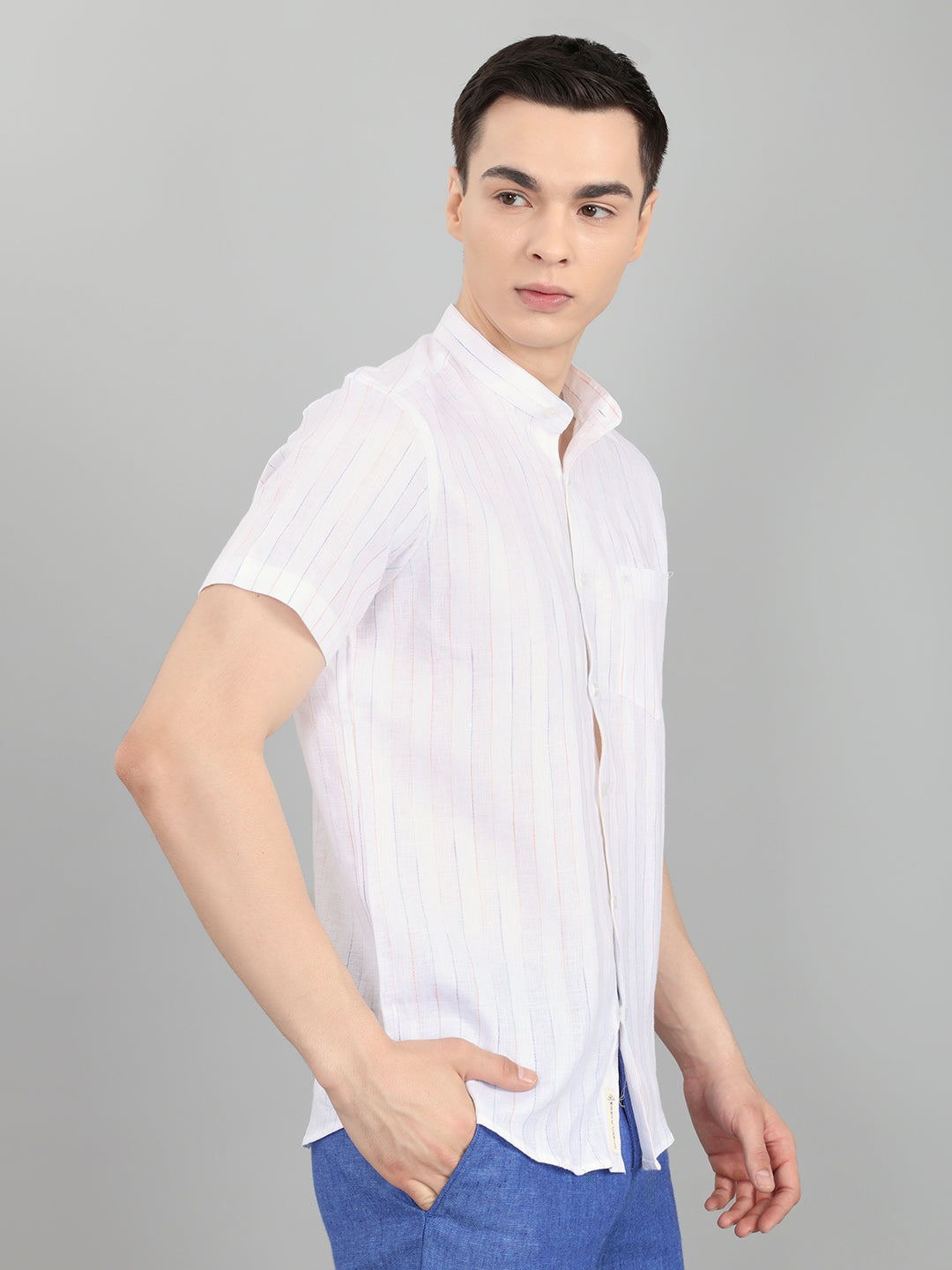 Men White Stripe Collar Half Sleeve Shirt