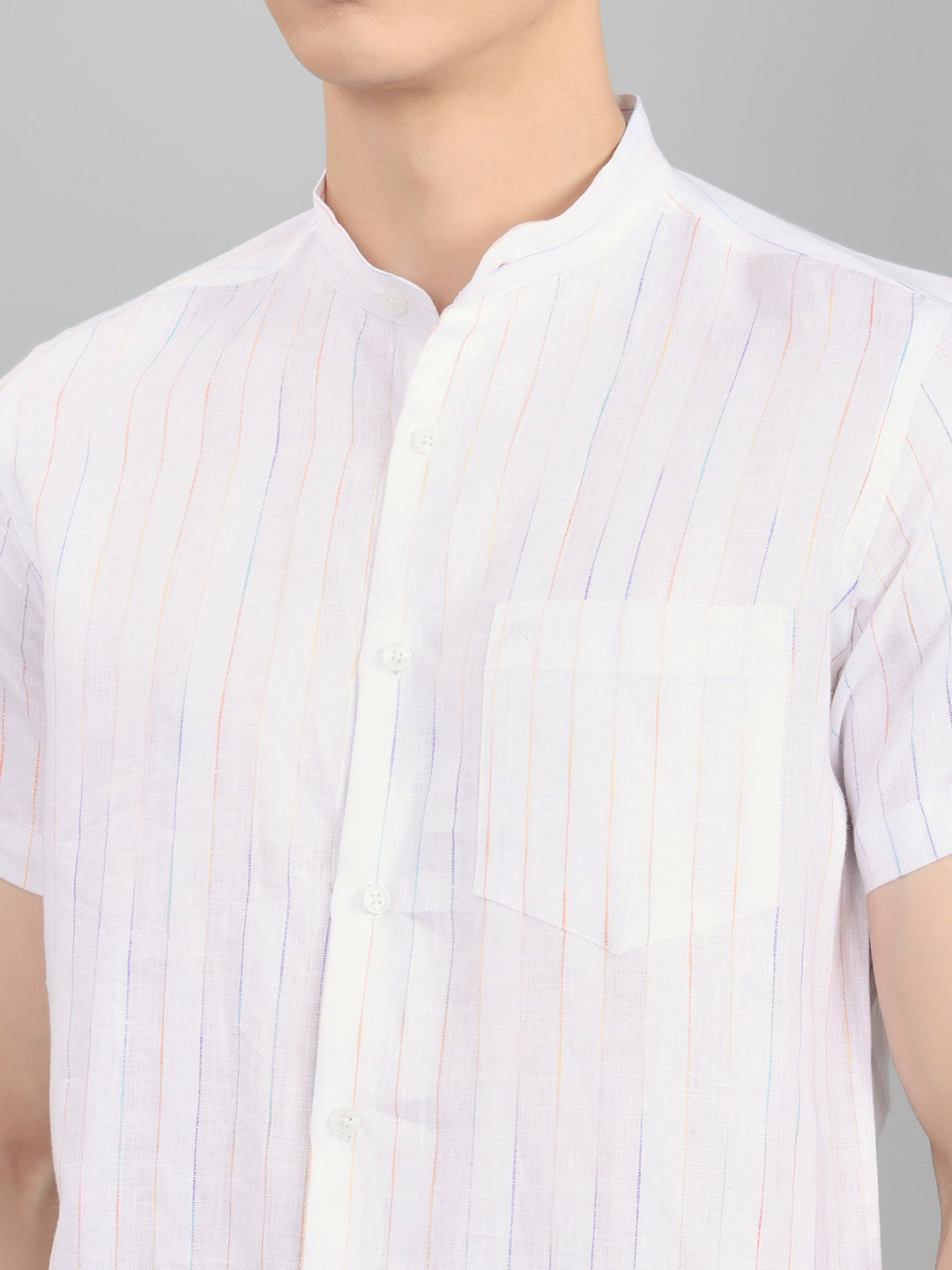 Men White Stripe Collar Half Sleeve Shirt