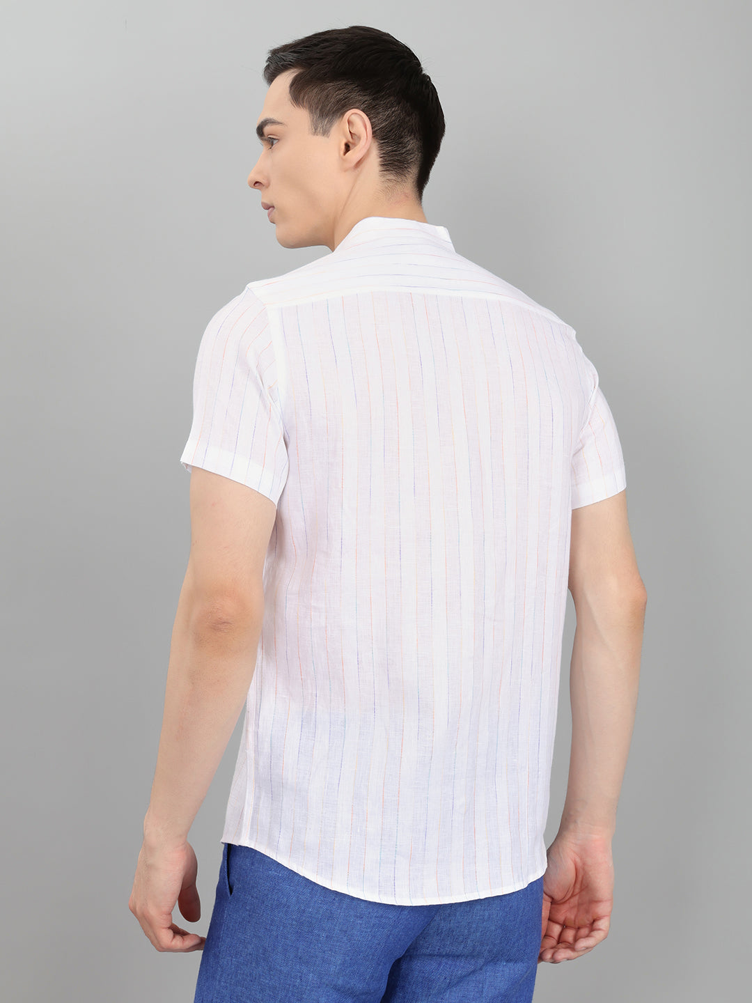 Men White Stripe Collar Half Sleeve Shirt