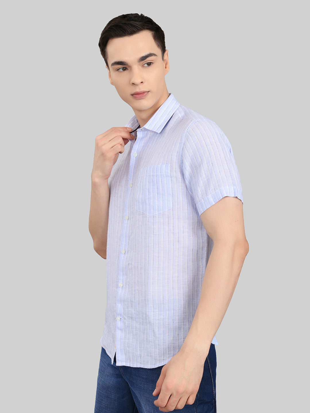 Men Sky Blue Stripe Collar Half Sleeve Shirt