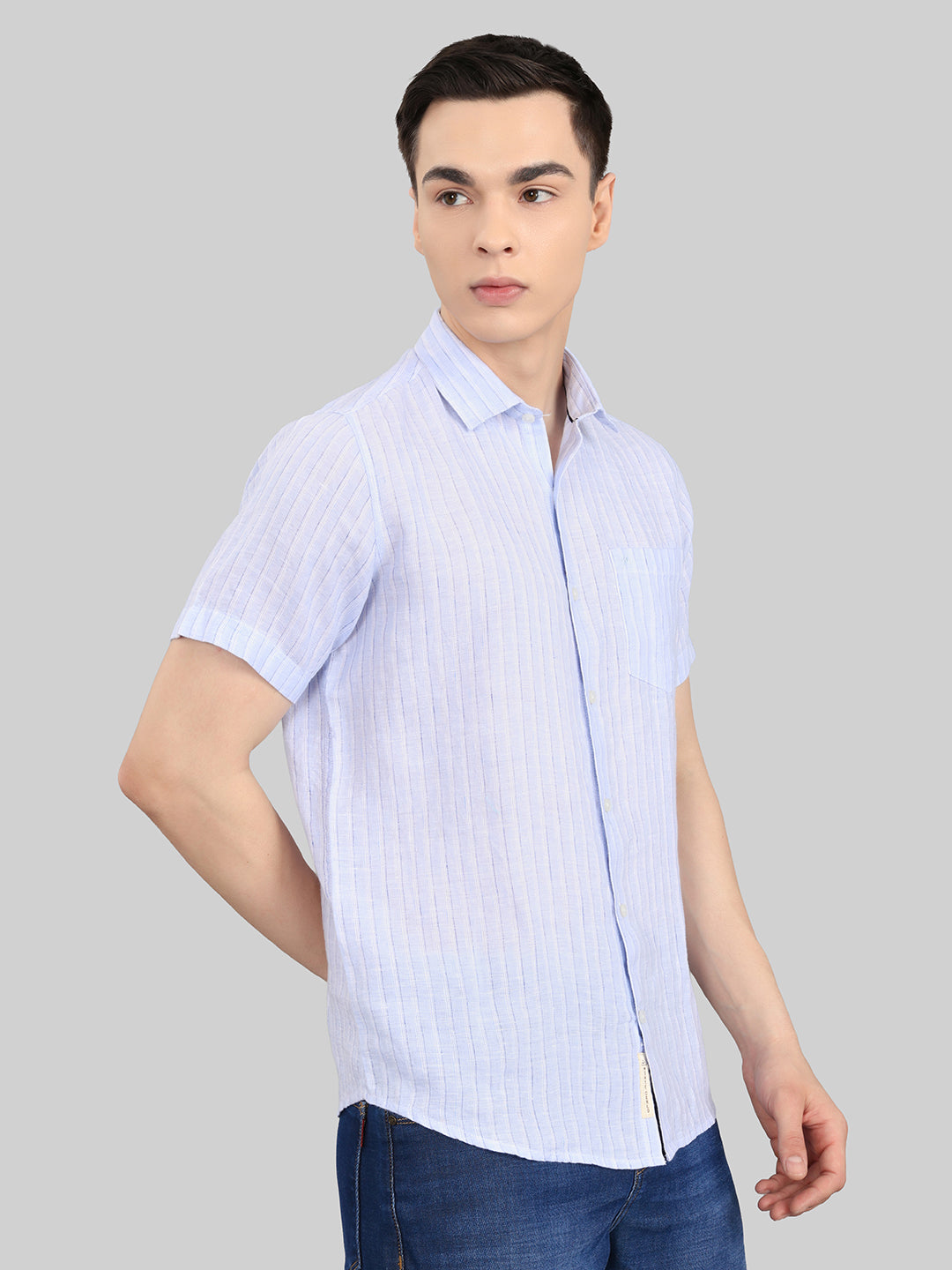 Men Sky Blue Stripe Collar Half Sleeve Shirt
