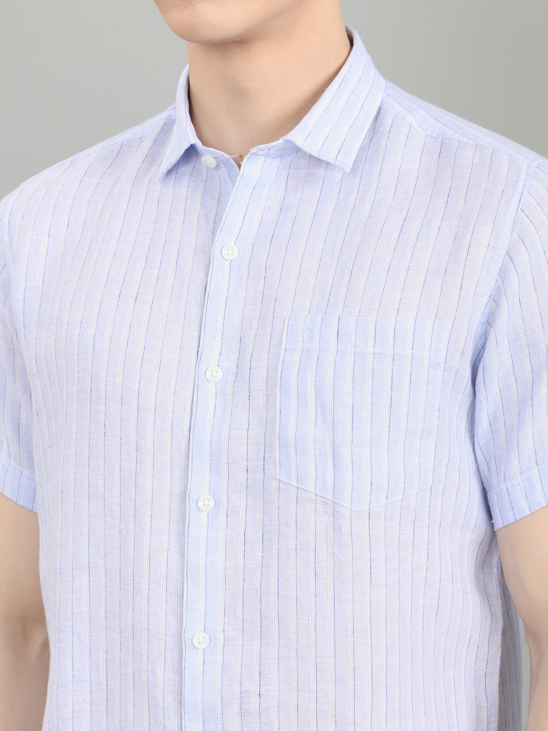 Men Sky Blue Stripe Collar Half Sleeve Shirt