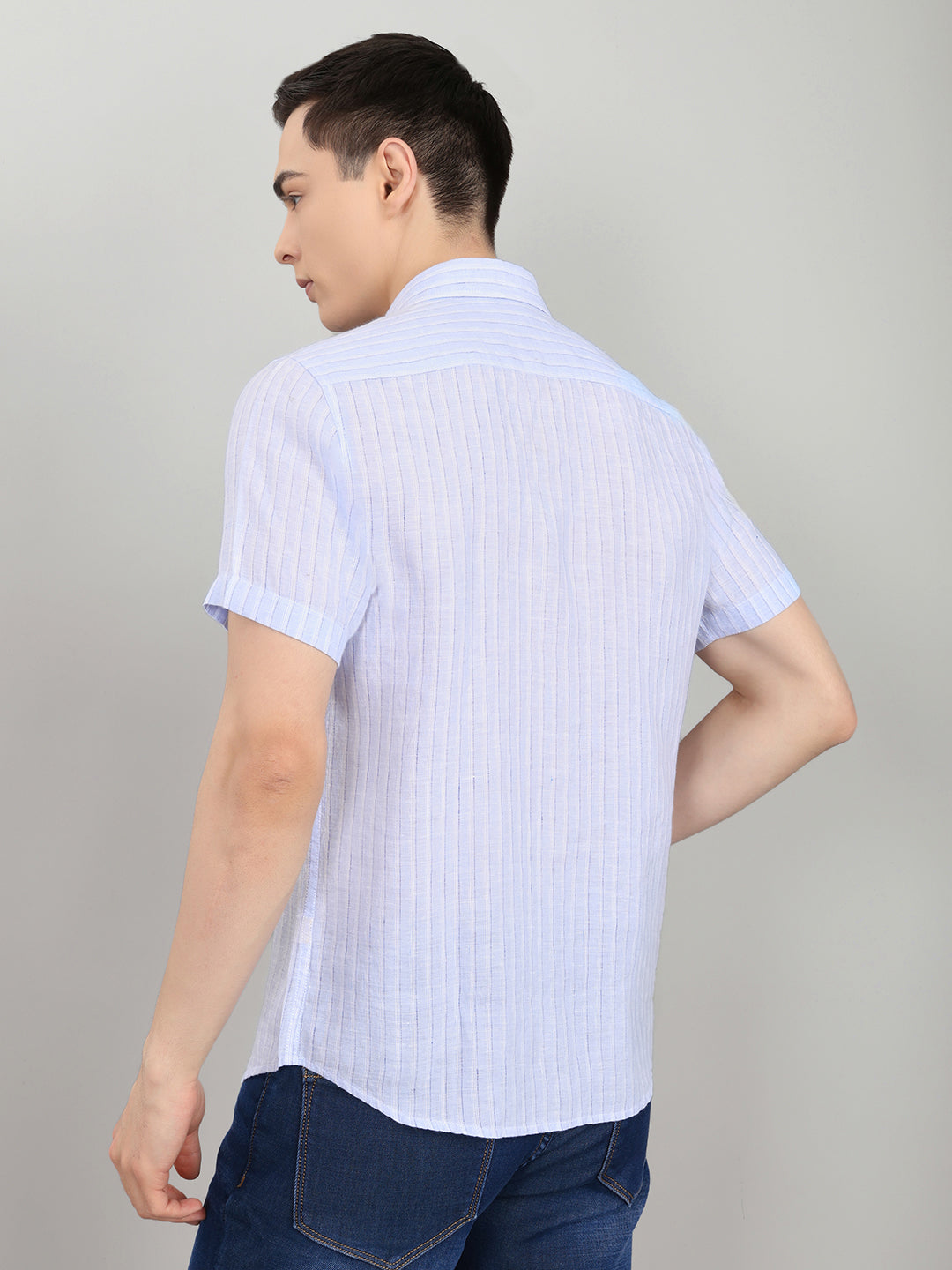 Men Sky Blue Stripe Collar Half Sleeve Shirt