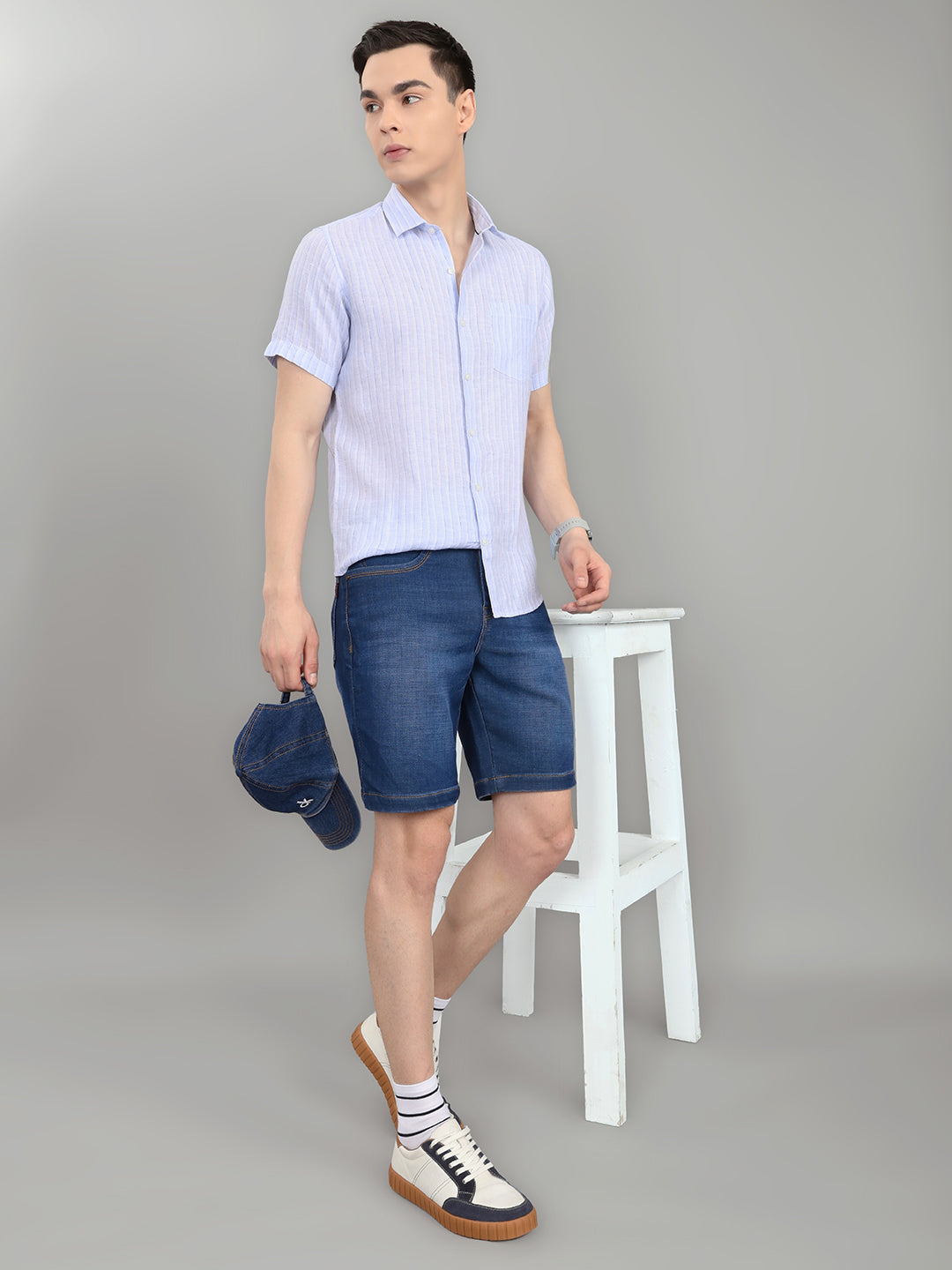 Men Sky Blue Stripe Collar Half Sleeve Shirt