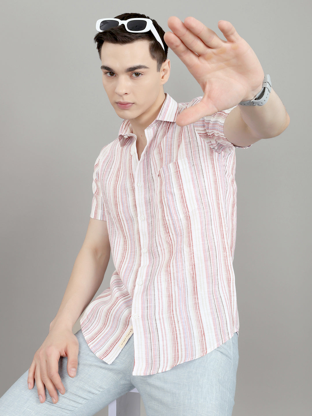 Men Multicolor Stripe Collar Half Sleeve Shirt