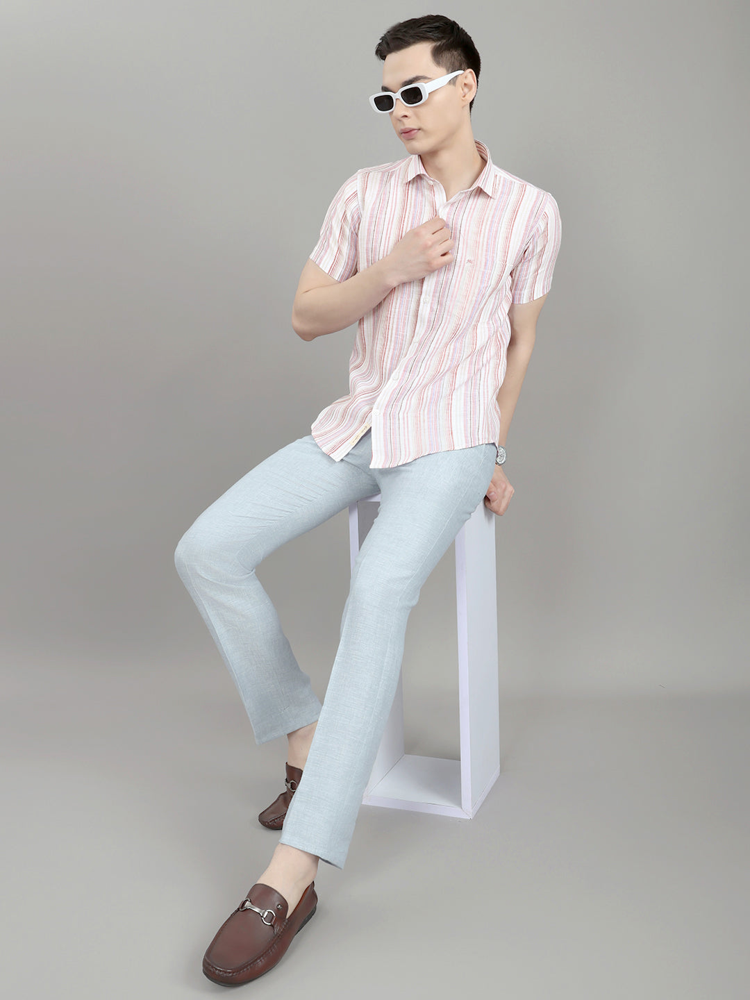 Men Multicolor Stripe Collar Half Sleeve Shirt