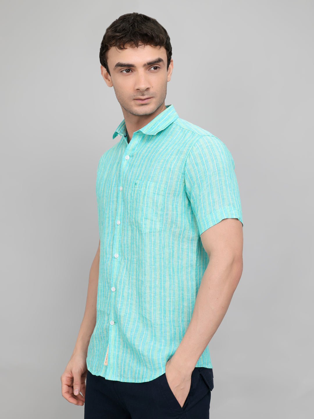 Men Sea Green Stripe Collar Half Sleeve Shirt