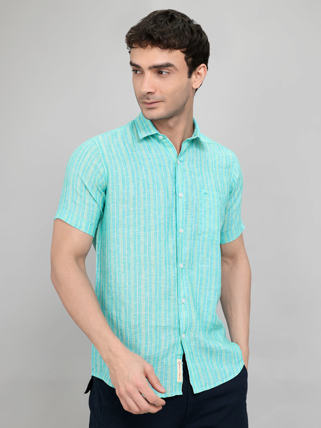Men Sea Green Stripe Collar Half Sleeve Shirt