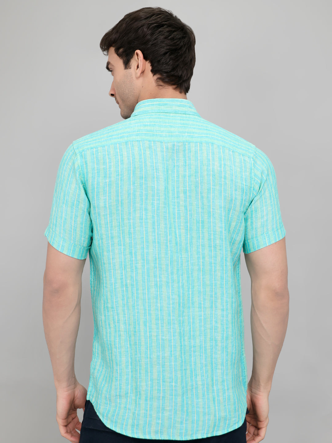 Men Sea Green Stripe Collar Half Sleeve Shirt