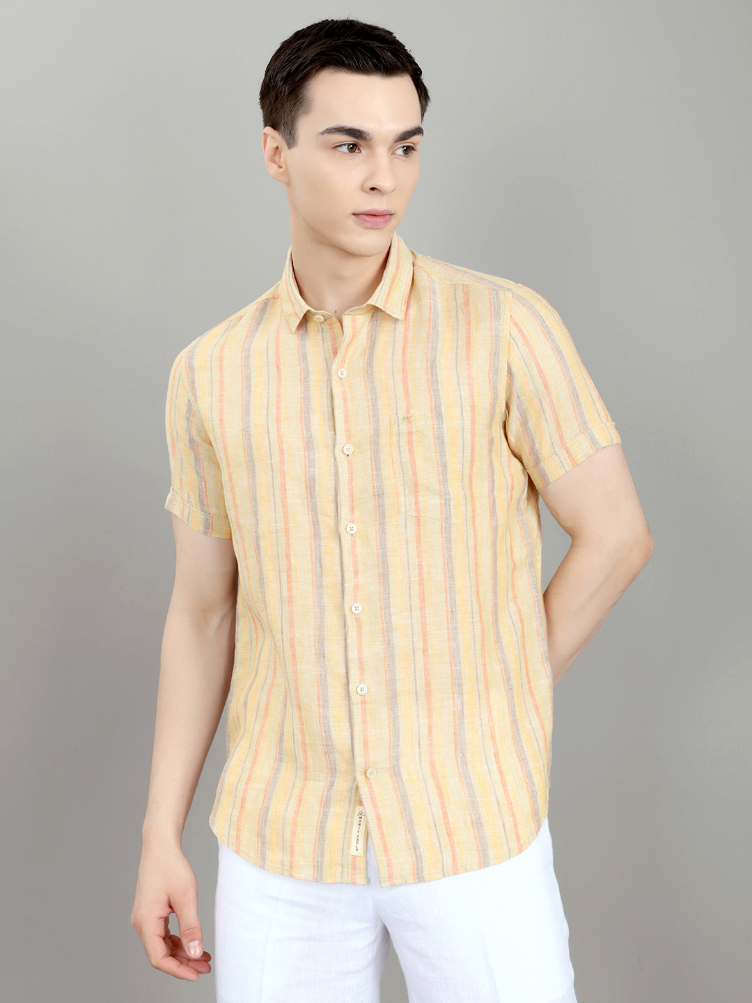 Men Khaki Stripe Collar Half Sleeve Shirt