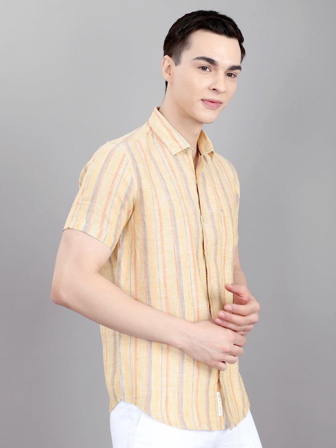 Men Khaki Stripe Collar Half Sleeve Shirt