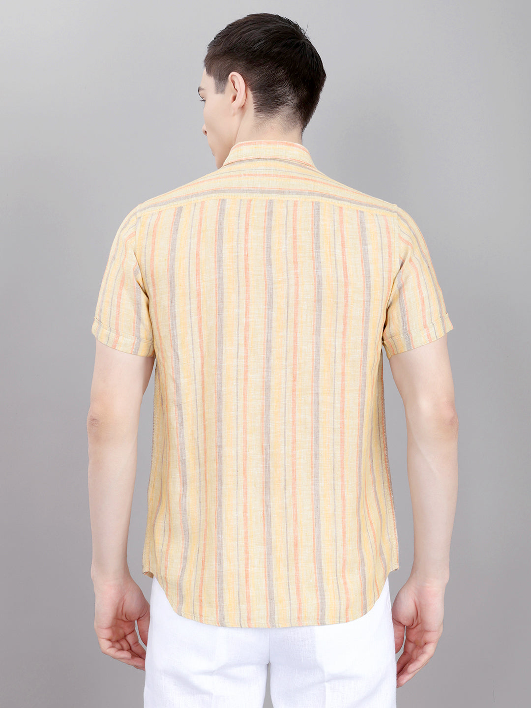 Men Khaki Stripe Collar Half Sleeve Shirt