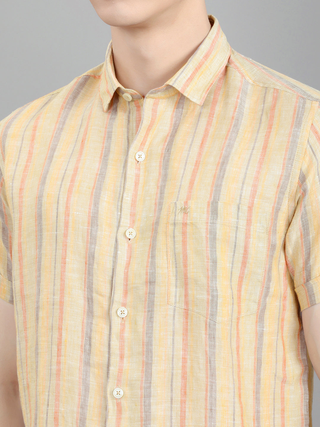 Men Khaki Stripe Collar Half Sleeve Shirt