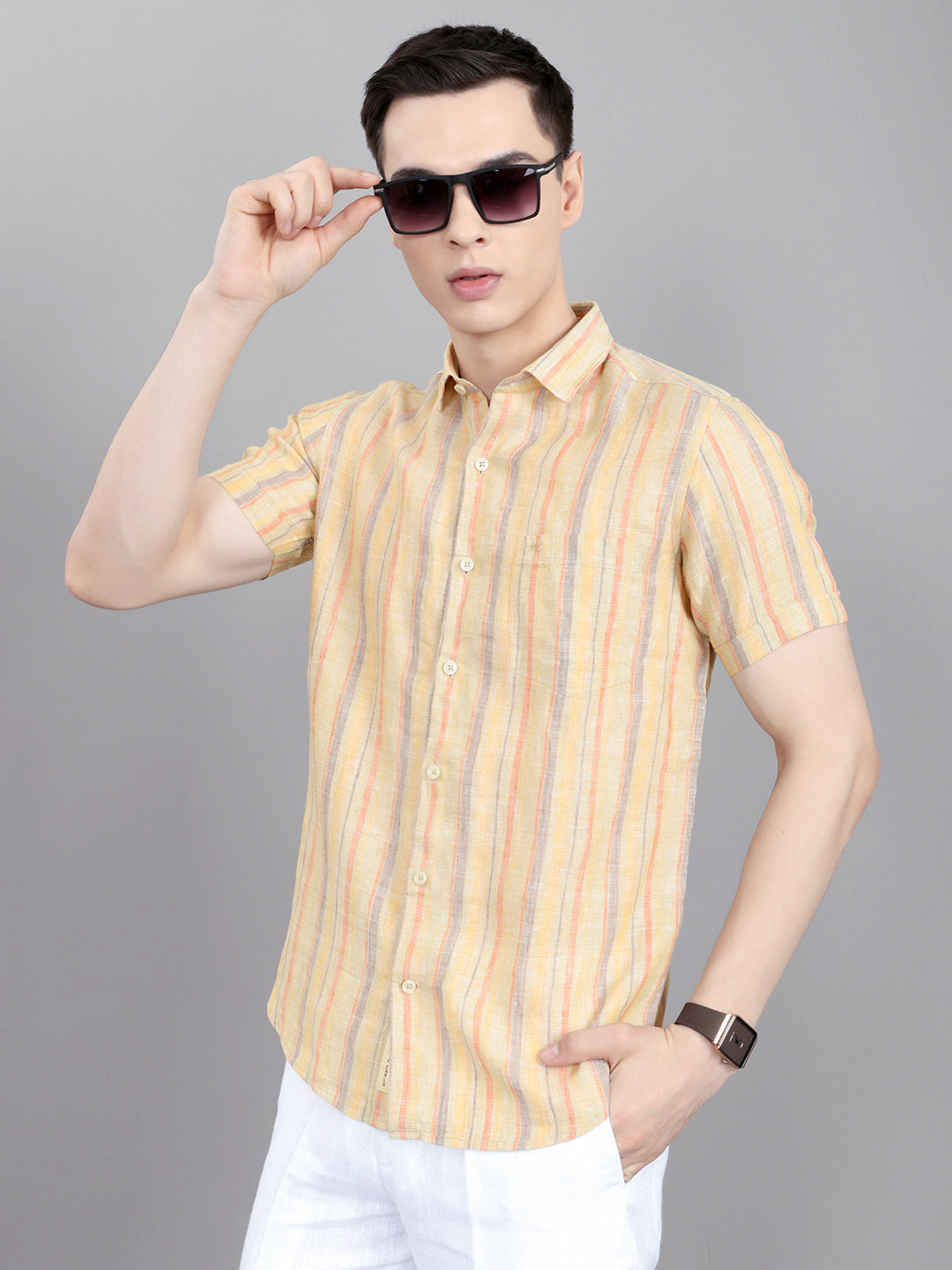 Men Khaki Stripe Collar Half Sleeve Shirt
