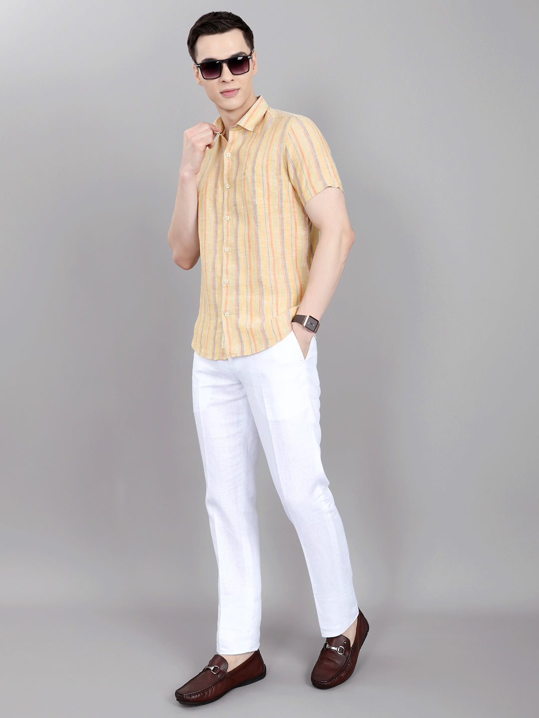 Men Khaki Stripe Collar Half Sleeve Shirt
