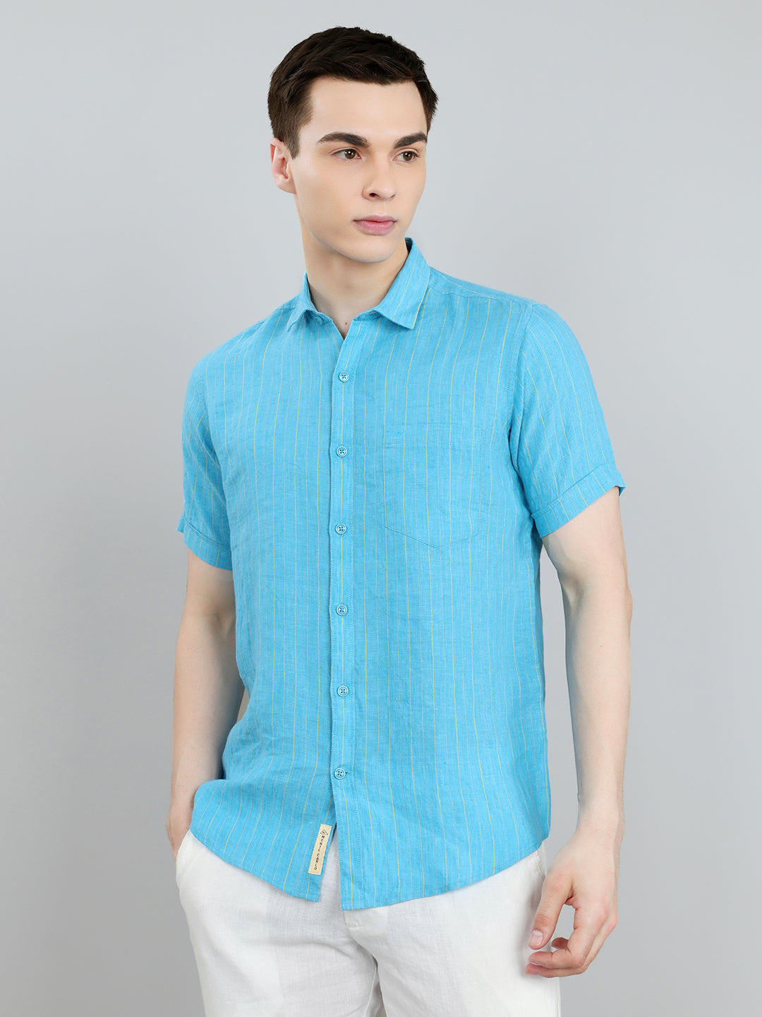 Men Blue Stripe Collar Half Sleeve Shirt