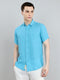 Men Blue Stripe Collar Half Sleeve Shirt