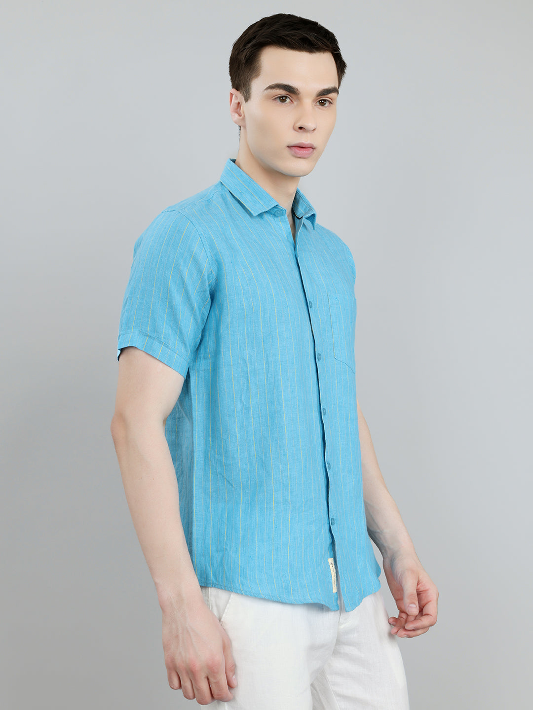 Men Blue Stripe Collar Half Sleeve Shirt