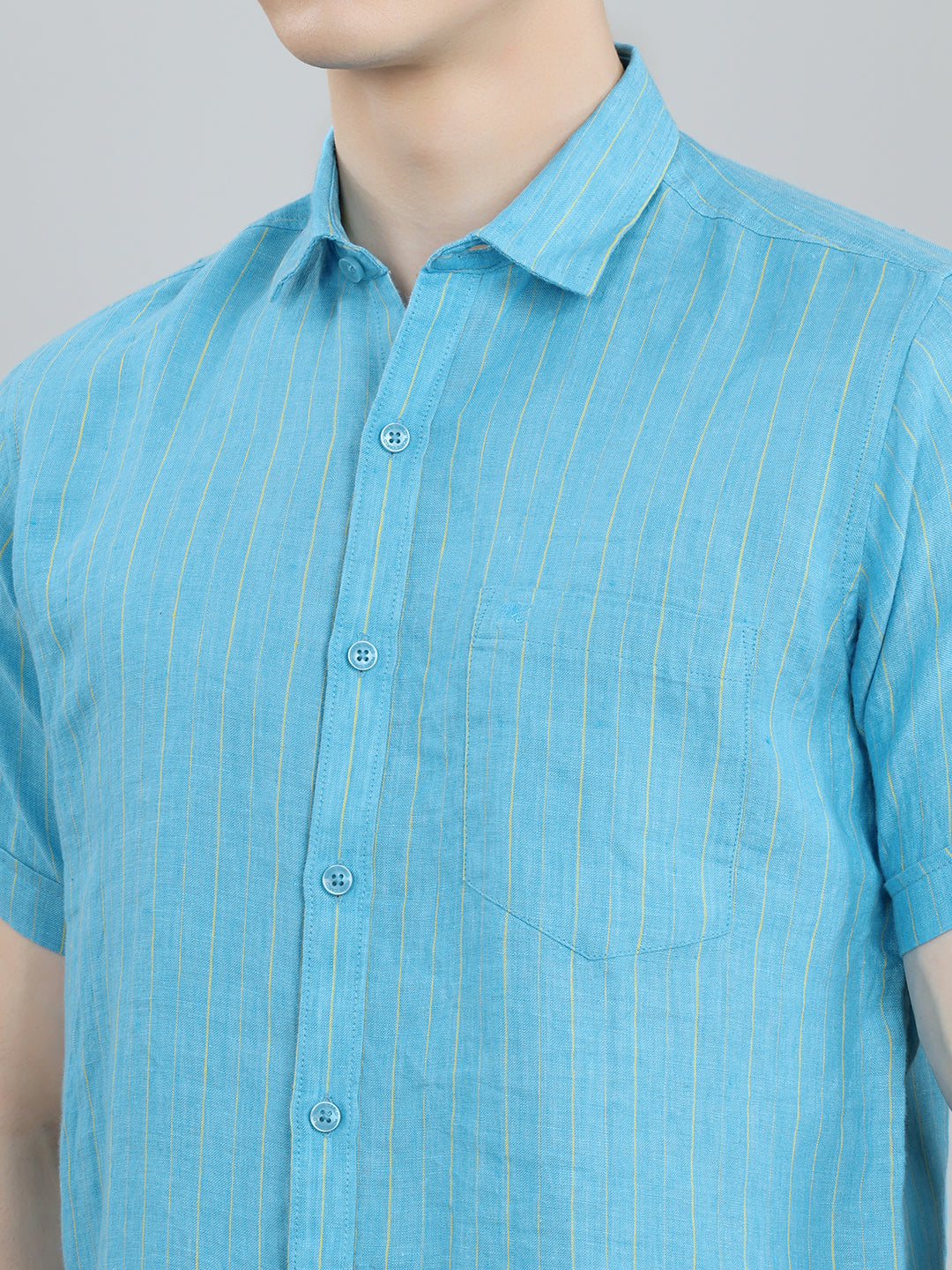 Men Blue Stripe Collar Half Sleeve Shirt