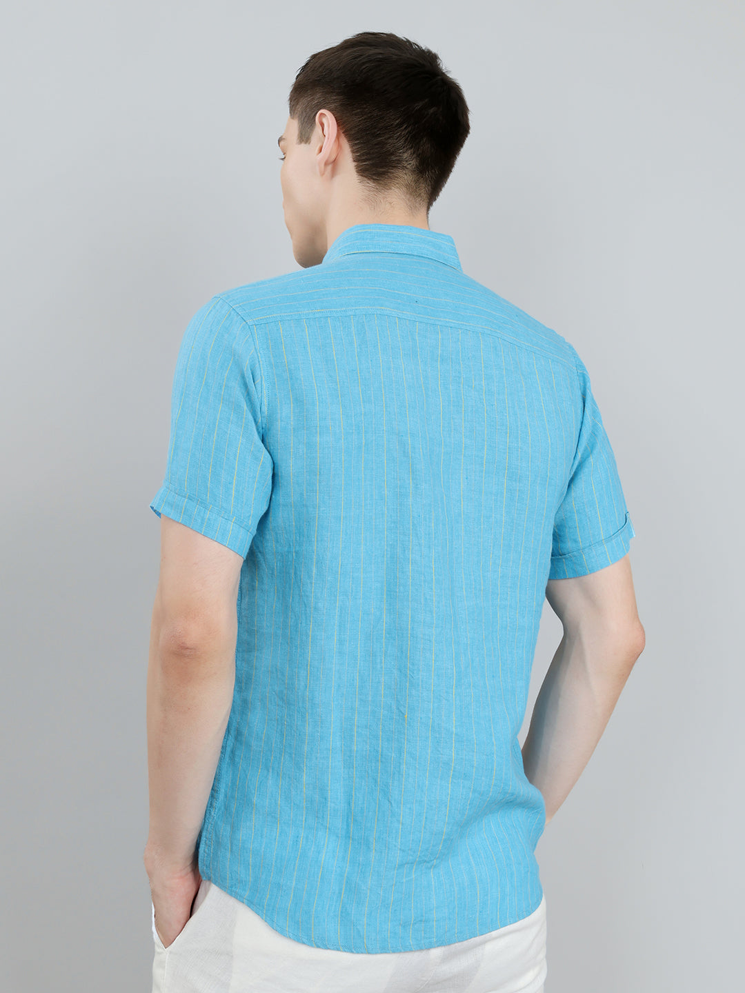 Men Blue Stripe Collar Half Sleeve Shirt