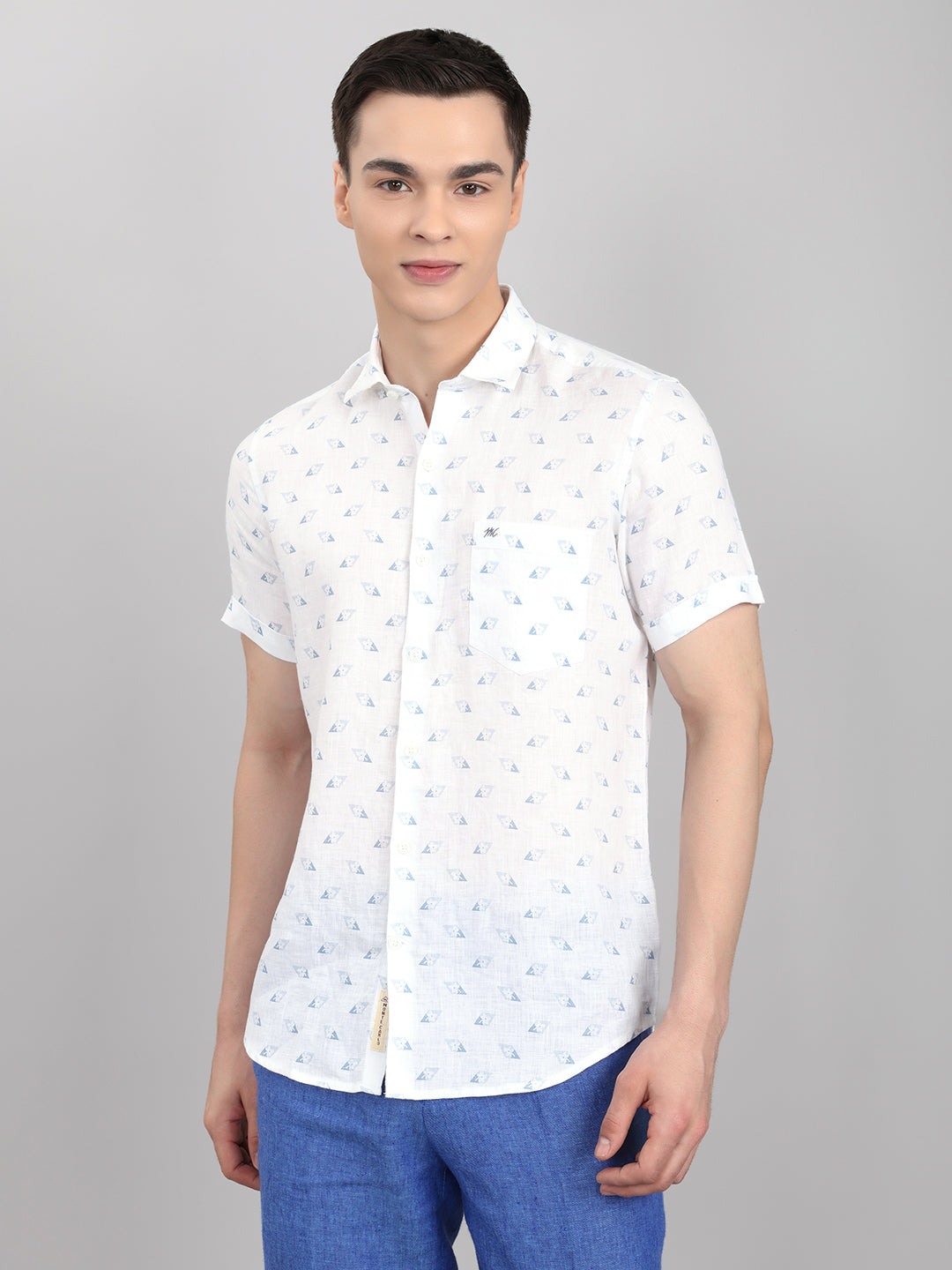 Men White Printed Collar Half Sleeve Shirt
