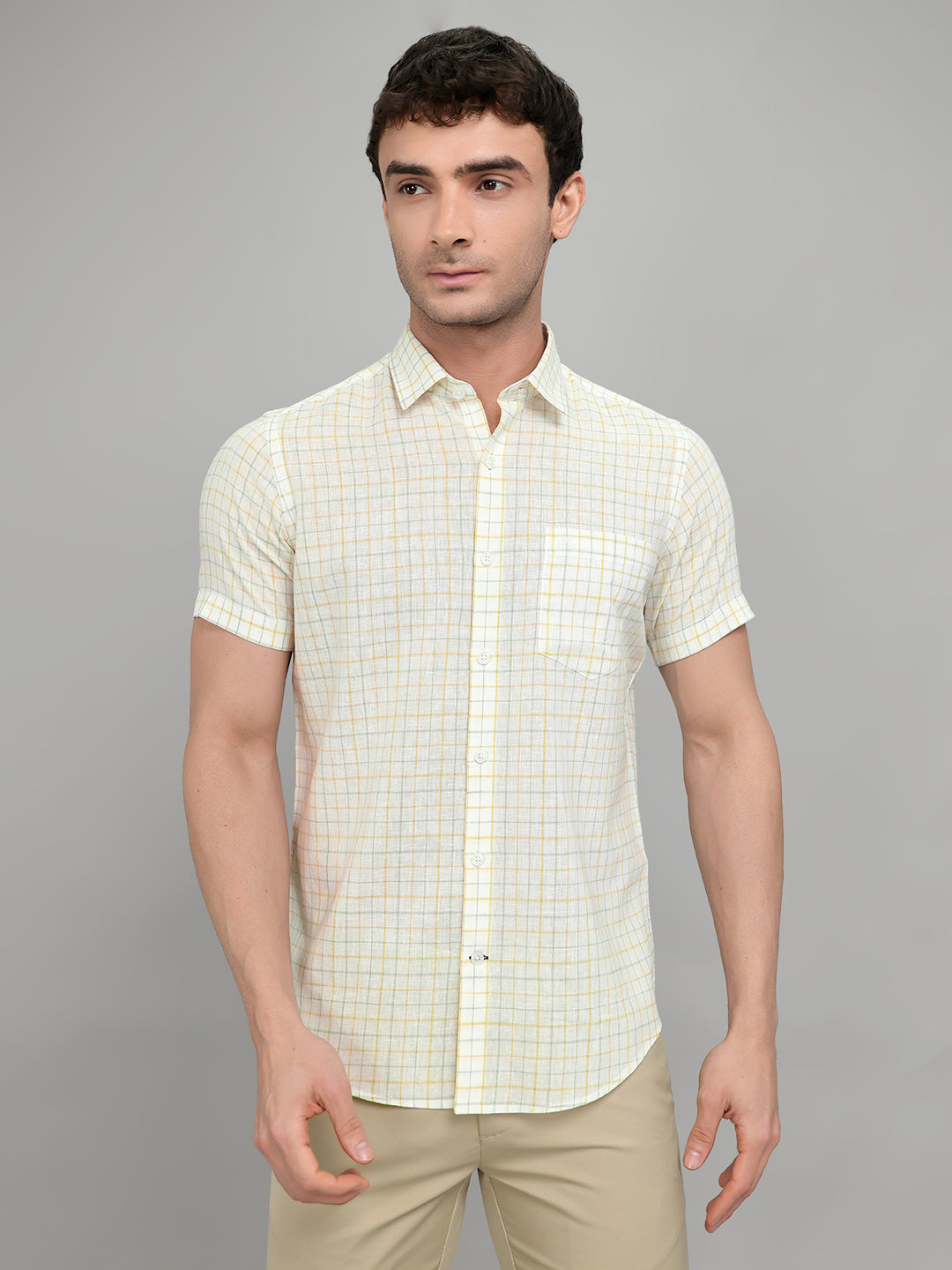 Men White Check Collar Half Sleeve Shirt