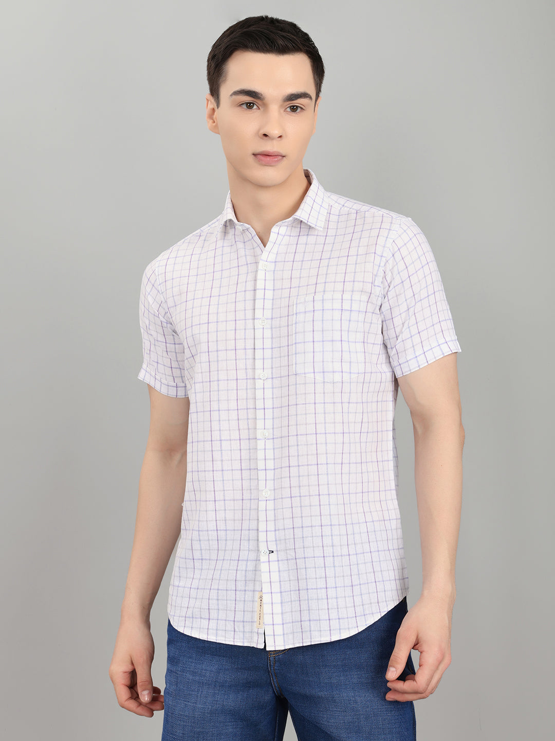 Men White Check Collar Half Sleeve Shirt