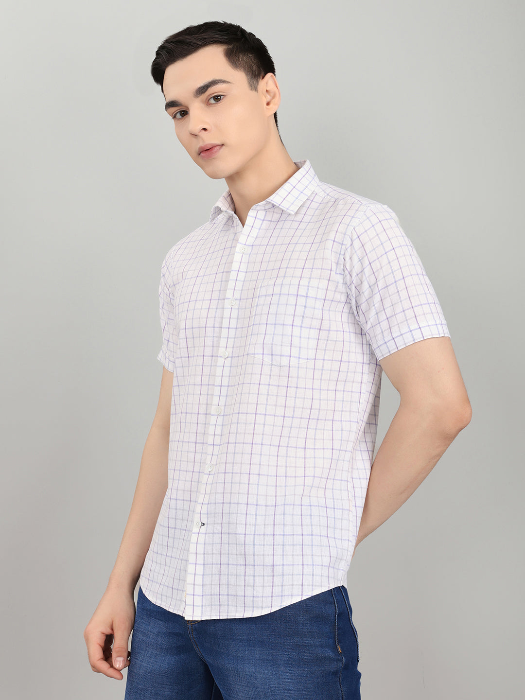 Men White Check Collar Half Sleeve Shirt