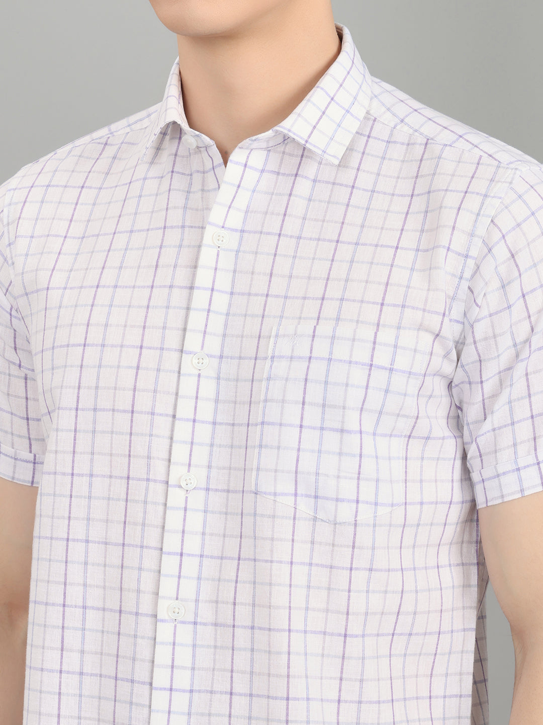 Men White Check Collar Half Sleeve Shirt
