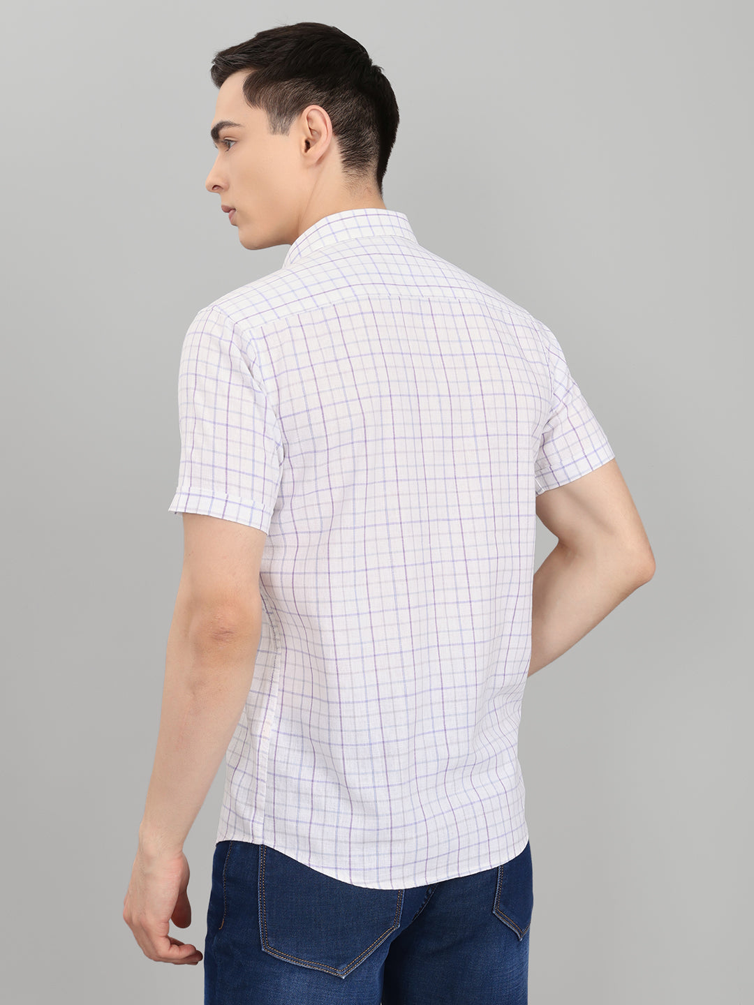 Men White Check Collar Half Sleeve Shirt