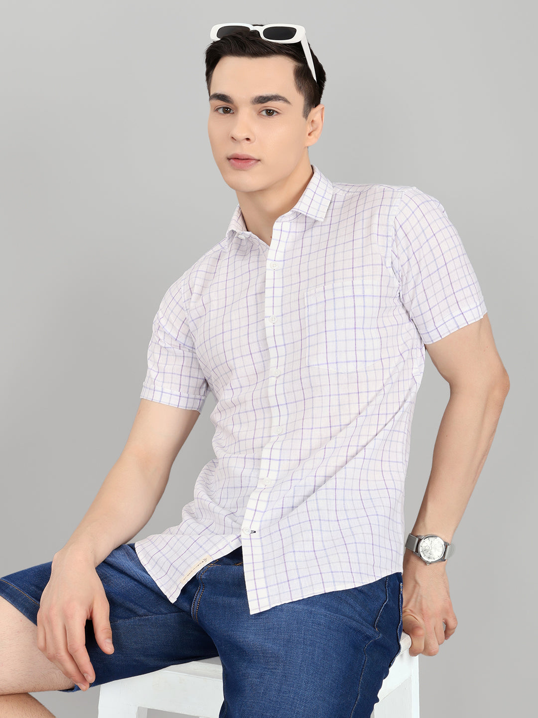 Men White Check Collar Half Sleeve Shirt