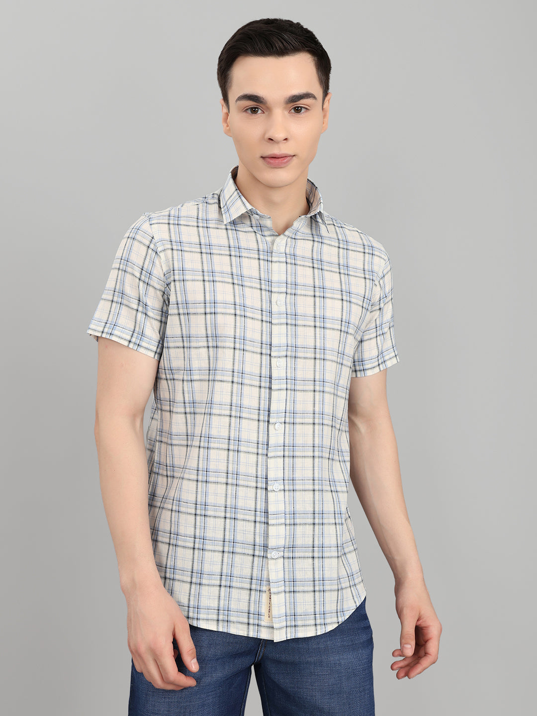 Men Sky Blue Check Collar Half Sleeve Shirt