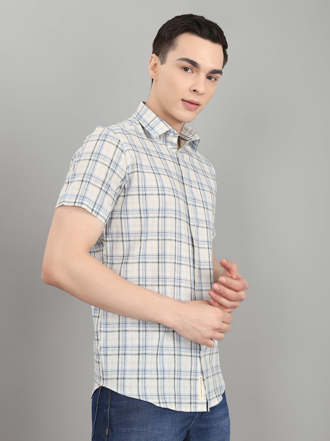 Men Sky Blue Check Collar Half Sleeve Shirt