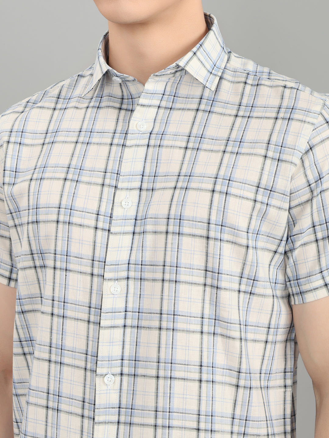 Men Sky Blue Check Collar Half Sleeve Shirt