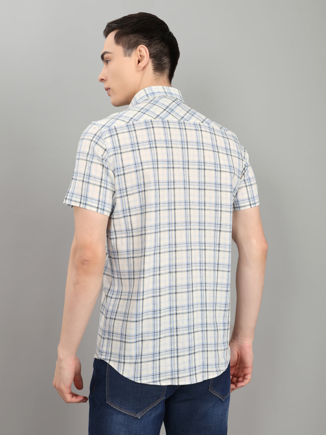 Men Sky Blue Check Collar Half Sleeve Shirt