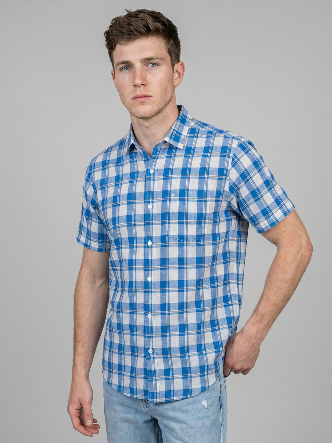 Men Blue Printed Spread Collar Half Sleeve Shirt
