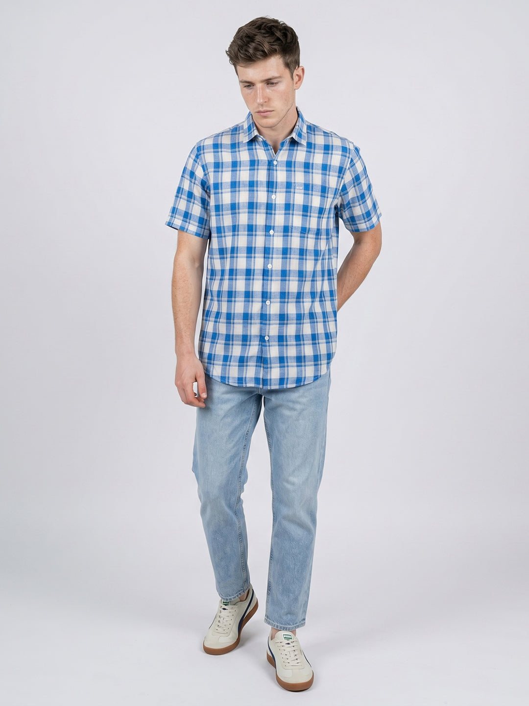 Men Blue Printed Spread Collar Half Sleeve Shirt