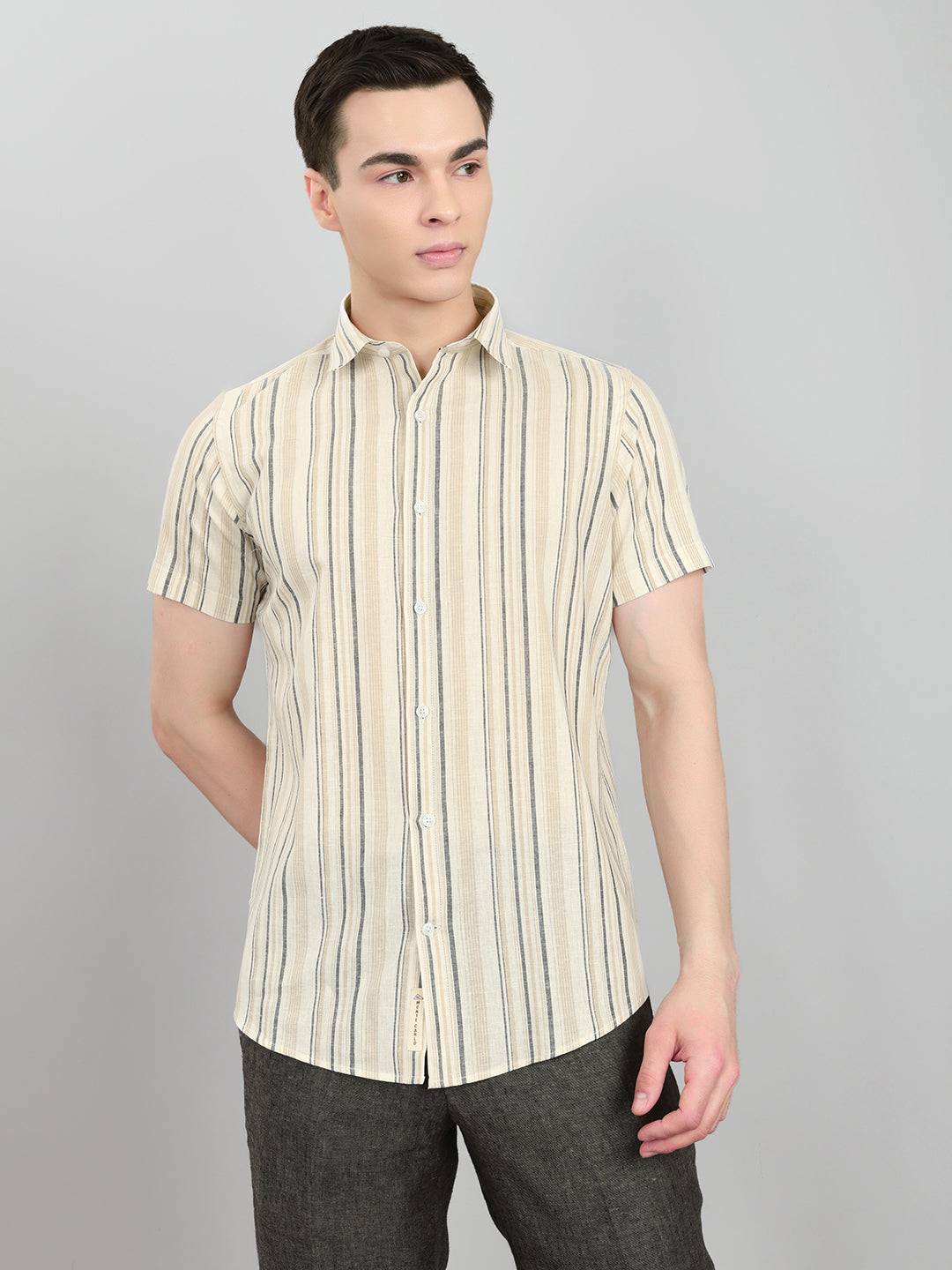 Men Beige Stripe Collar Half Sleeve Shirt